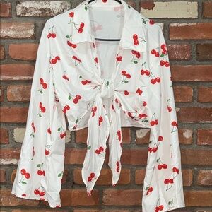 Cherry Print Tie-Front Blouse